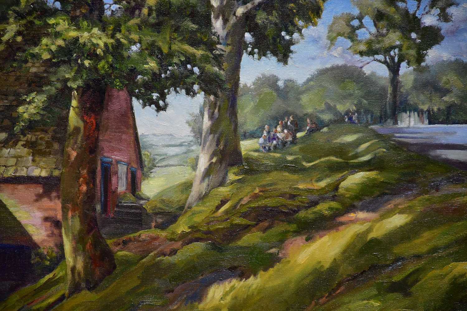 † JUNE BEVAN; oil on canvas, 'Artists at the Mill, Dunham Massey', signed lower right, 48 x 69cm, - Image 2 of 2