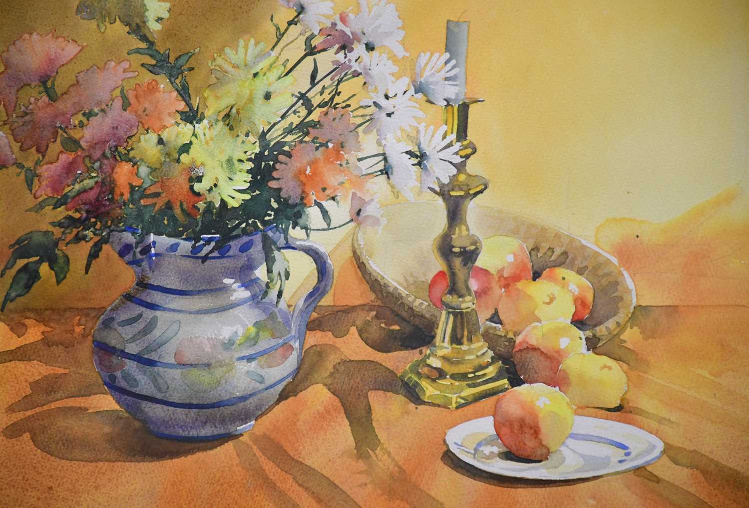 † JUNE BEVAN; watercolour, 'Chrysanthemums, Fruit and Candlestick', signed lower right, 39 x 50cm, - Bild 2 aus 2