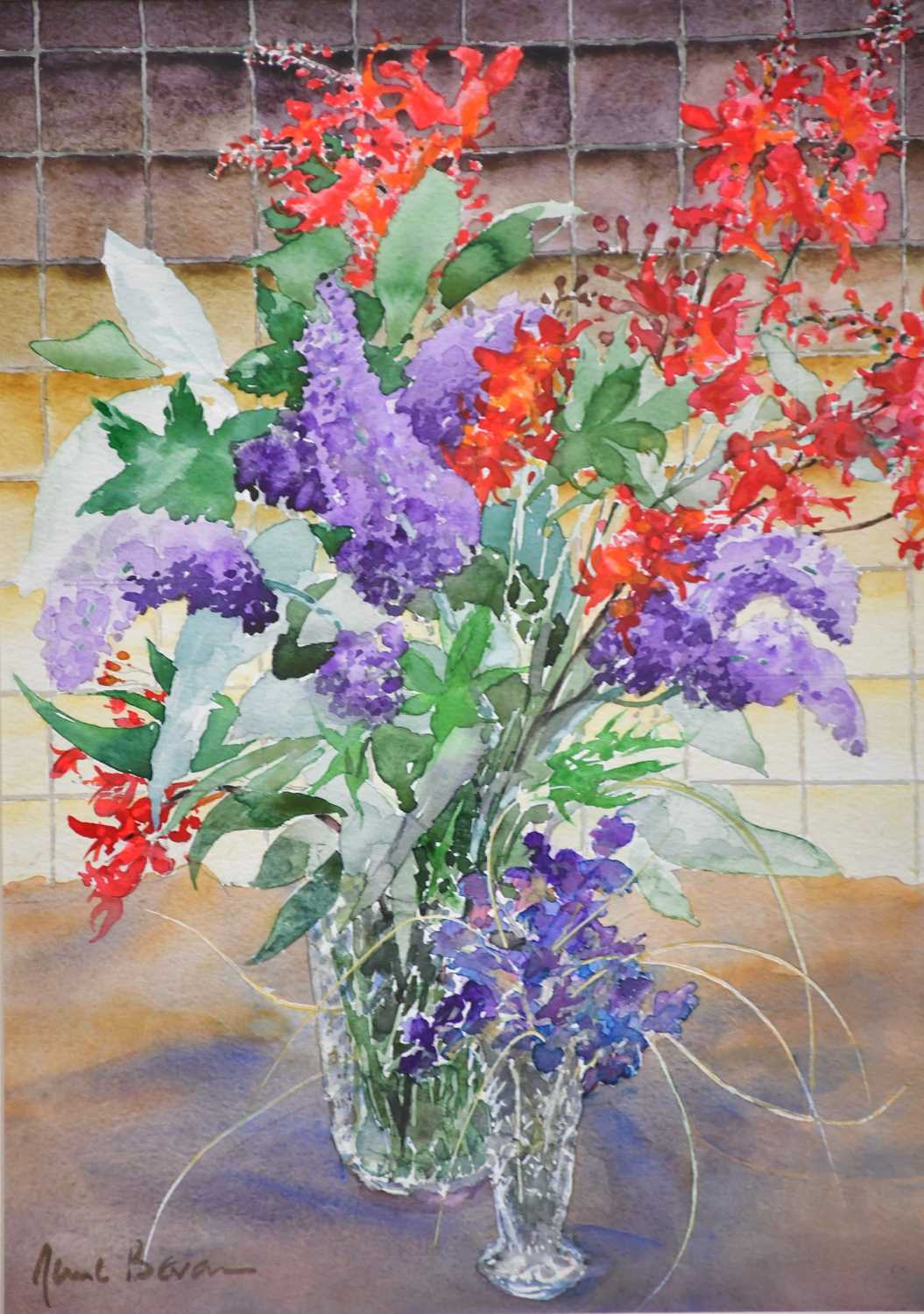 † JUNE BEVAN; watercolour, 'Lilac and Crocosmia', signed lower left, 37 x 26cm, framed and glazed. - Bild 2 aus 2
