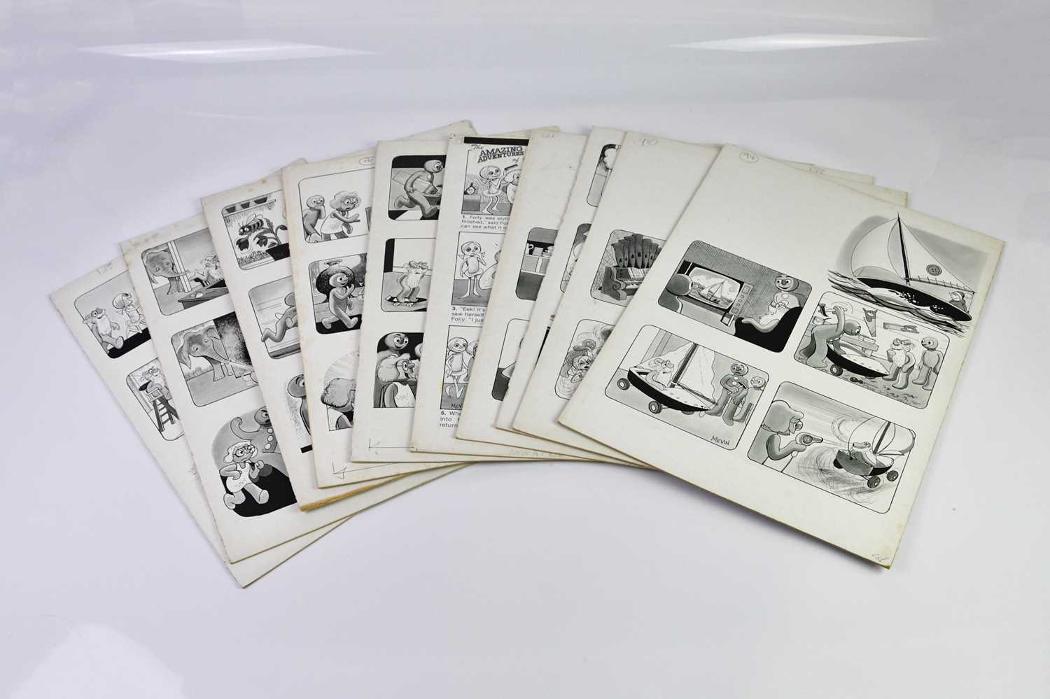 † BILL MEVIN; ten original black and white storyboard cartoons for Morph, produced for holiday
