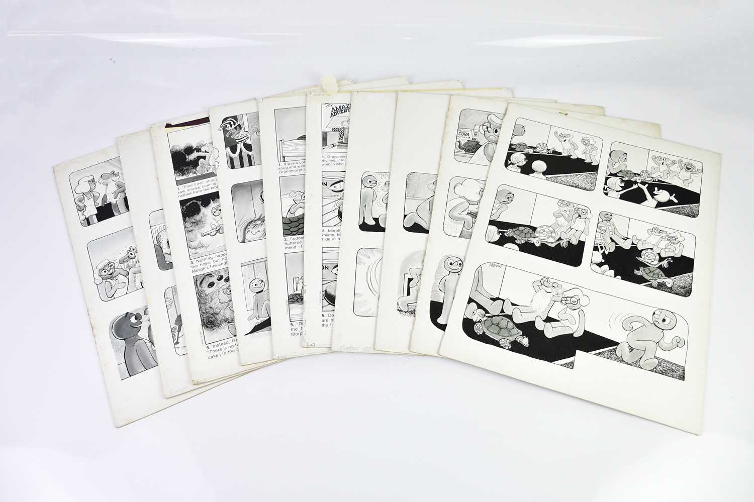 † BILL MEVIN; ten original black and white storyboard cartoons for Morph, produced for holiday