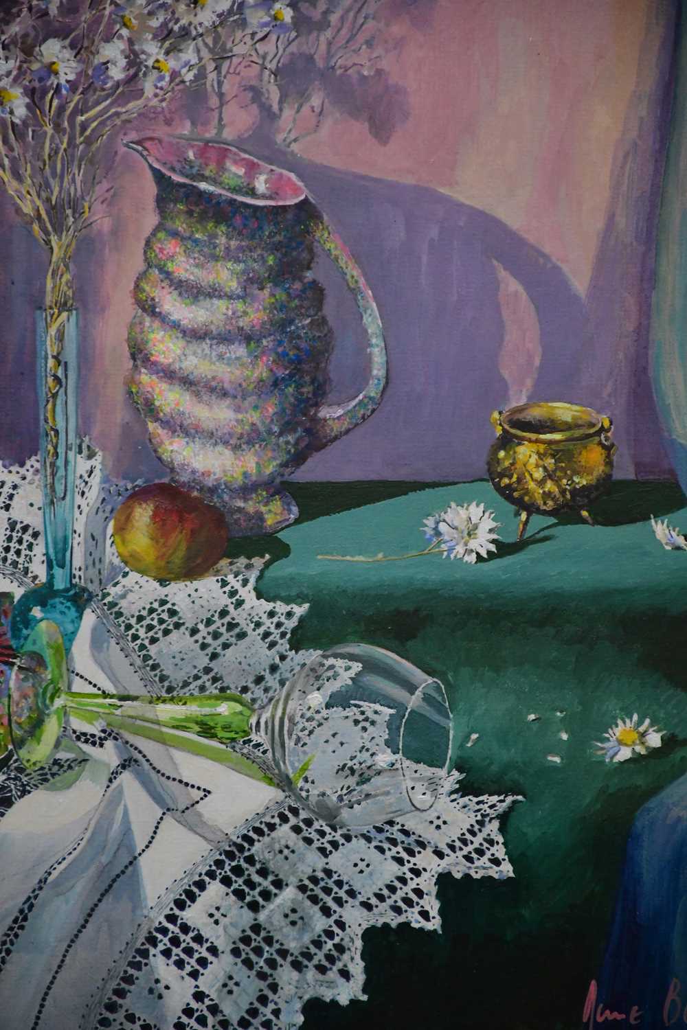† JUNE BEVAN; watercolour, 'Still Life Crochet and Wine Glass', signed lower right, 50 x 36cm, - Image 2 of 2
