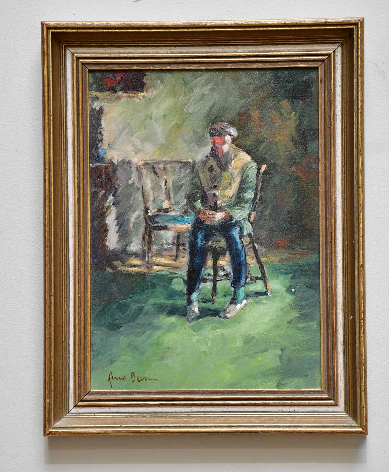 † JUNE BEVAN; oil on board, 'The Gardener, Philipps House, Wiltshire', signed lower left, 34 x 24cm,