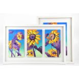 † JUNE BEVAN; oil on board, 'Triple Sunflowers', signed, together with further oil on board, '