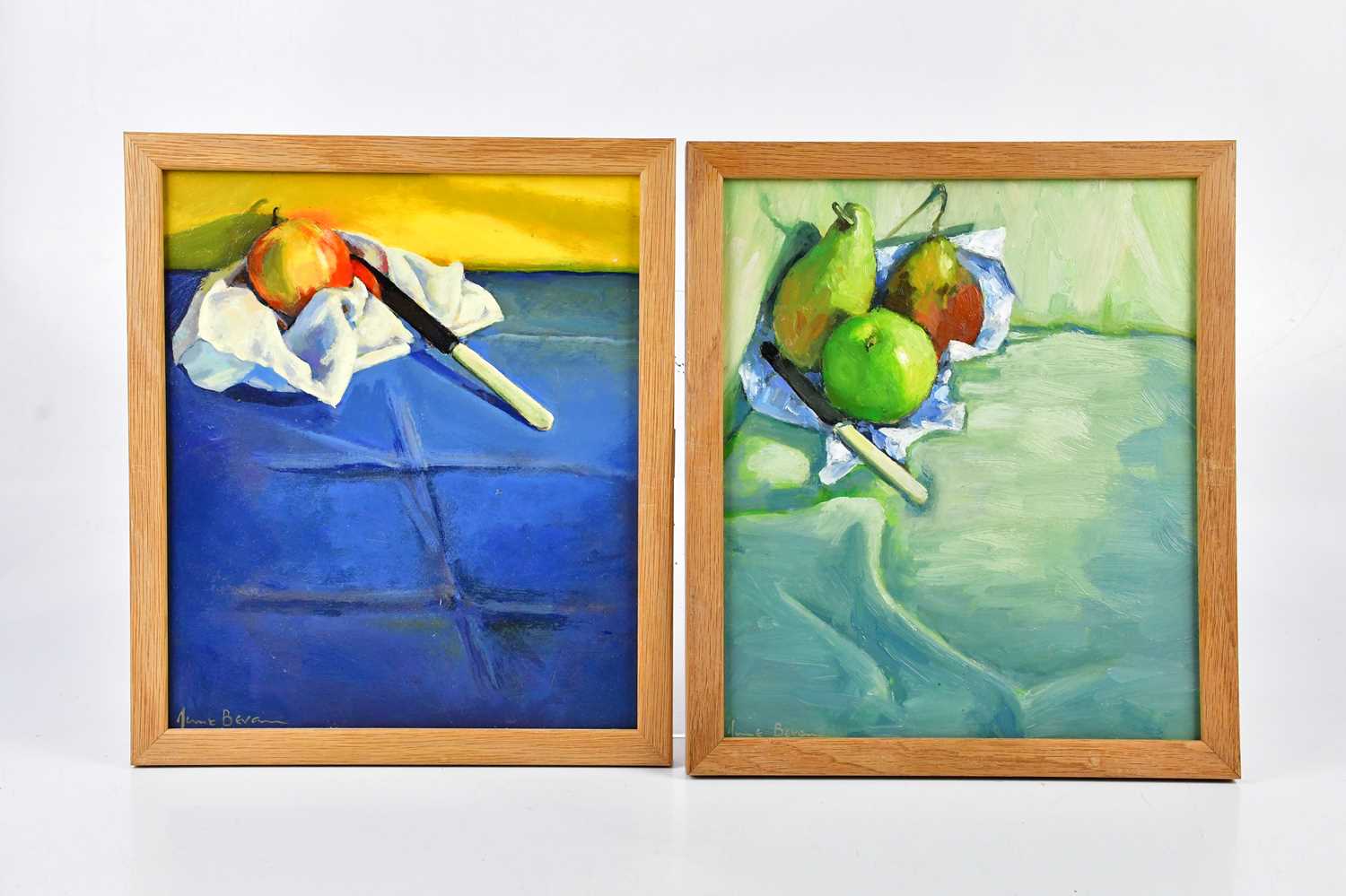 † JUNE BEVAN; a group of three oils on board, 'Granny Smith and Two Pears', 'Red Apple and Bone - Image 2 of 2