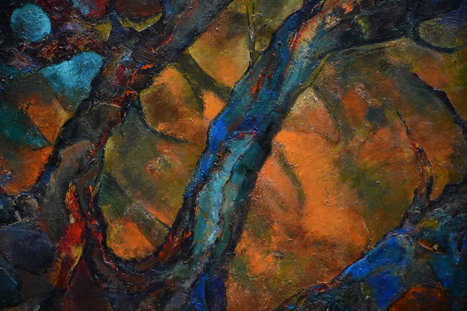 † JUNE BEVAN; oil on board, 'Wood on Fire', 76 x 100cm, unframed. - Image 2 of 2