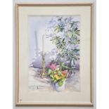 † JUNE BEVAN; watercolour, 'Umbrella Plan Primulus and Brass Candlesticks', signed lower left, 54