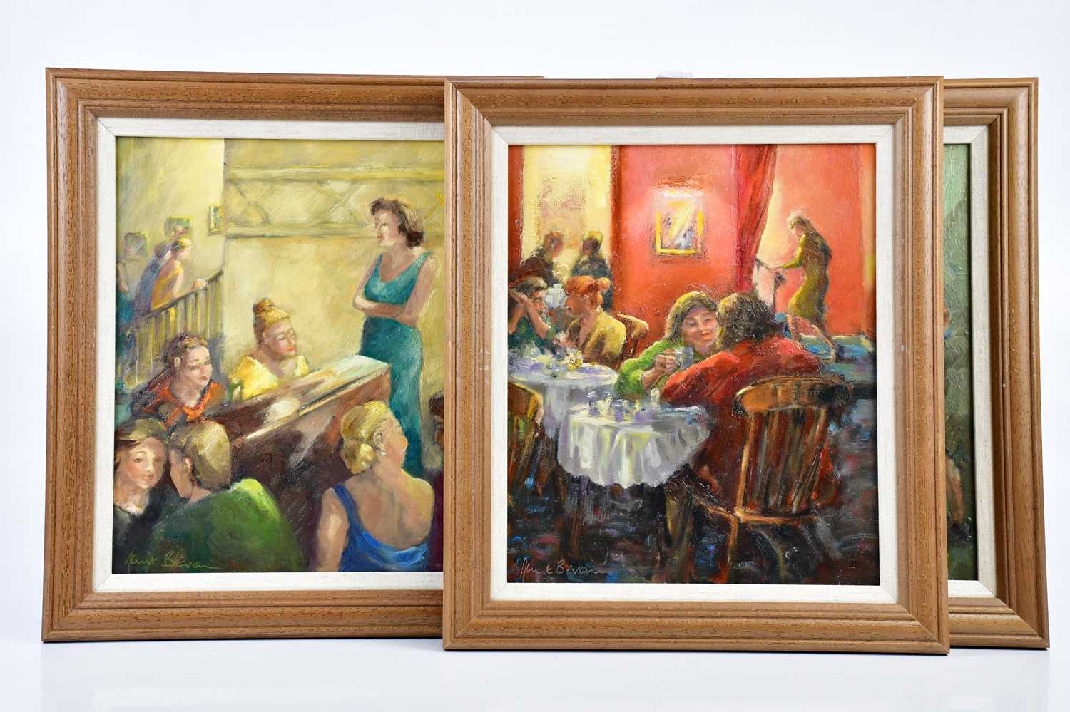 † JUNE BEVAN; a group of five oils on board, 'The Lovers', 'Ladies who Lunch', 'Musical - Image 3 of 4