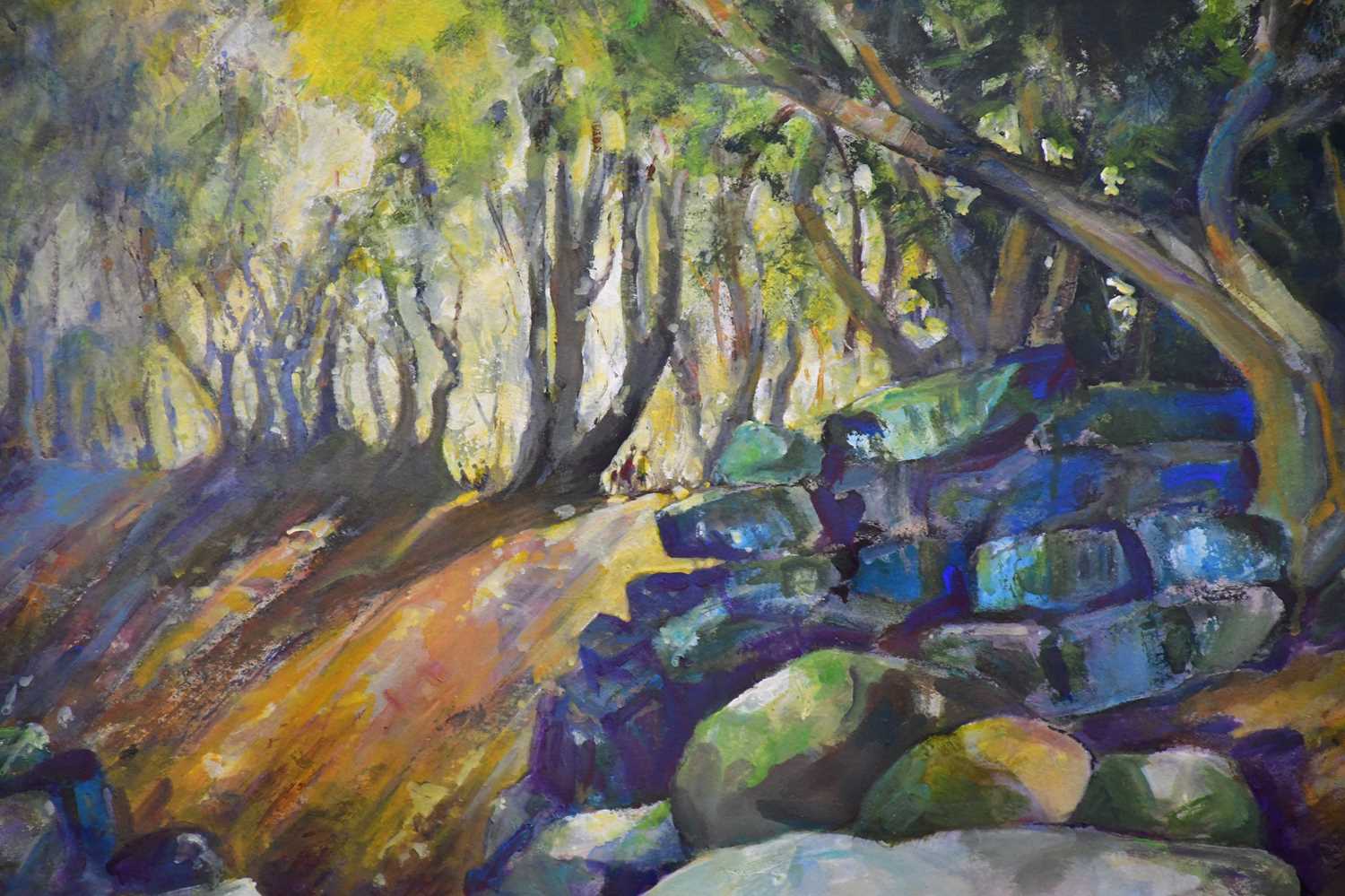 † JUNE BEVAN; acrylic, 'Rocks in Bramhall Park', signed lower right, 55 x 73cm, framed and glazed. - Image 2 of 2