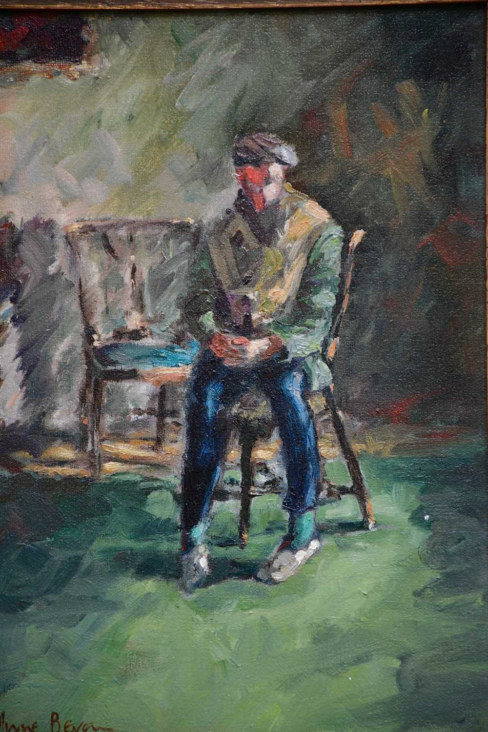 † JUNE BEVAN; oil on board, 'The Gardener, Philipps House, Wiltshire', signed lower left, 34 x 24cm, - Image 2 of 2