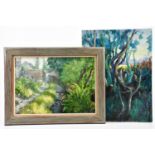 † JUNE BEVAN; two oils, 'Secluded Lane at Nightingale Centre' and forest scene, both signed, largest