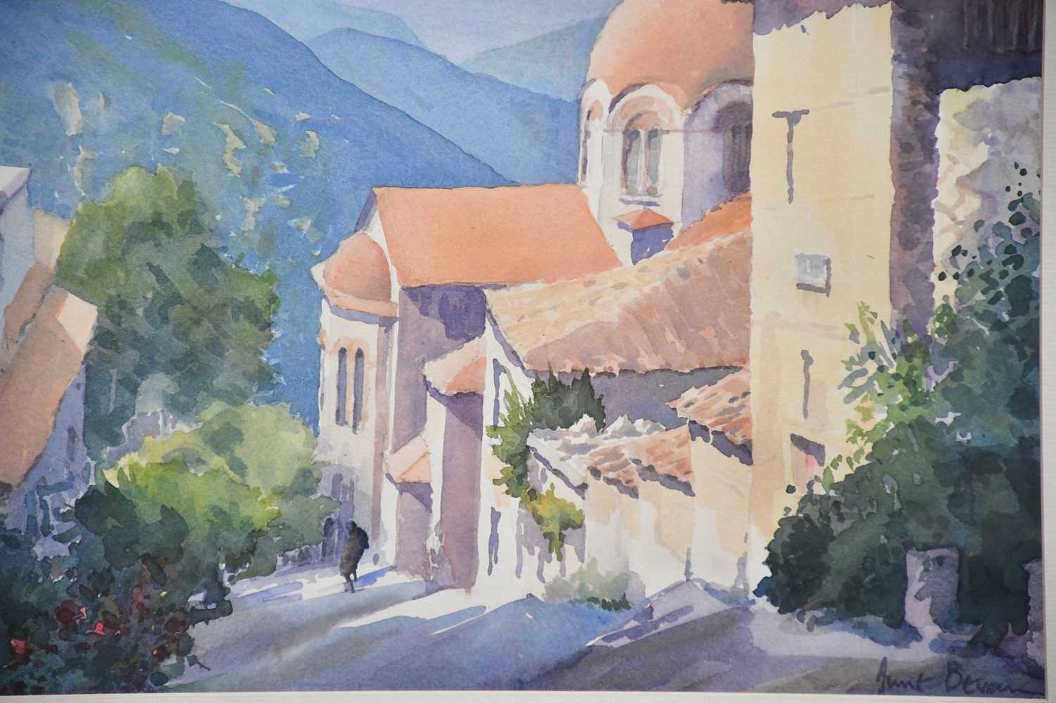 † JUNE BEVAN; watercolour, Church in Delphi, Greece', signed lower right, 30 x 42cm, framed and - Image 2 of 2