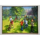 † JUNE BEVAN; oil on board, 'Children Playing in Bramhall Park', signed lower left, 75 x 100cm,