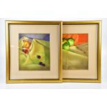 † JUNE BEVAN; a pair of oils, 'Three Granny Smith Apples' and 'Royal Gala with Six Cherries', both