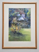 † JUNE BEVAN; watercolour, 'Cat on the Garden Fence', signed lower right, 52 x 35cm, framed and