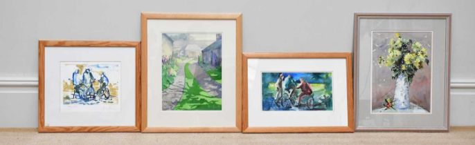 † JUNE BEVAN; a group of three watercolours, 'Early Morning Sunshine and Shadows', 'Boys with Bikes'
