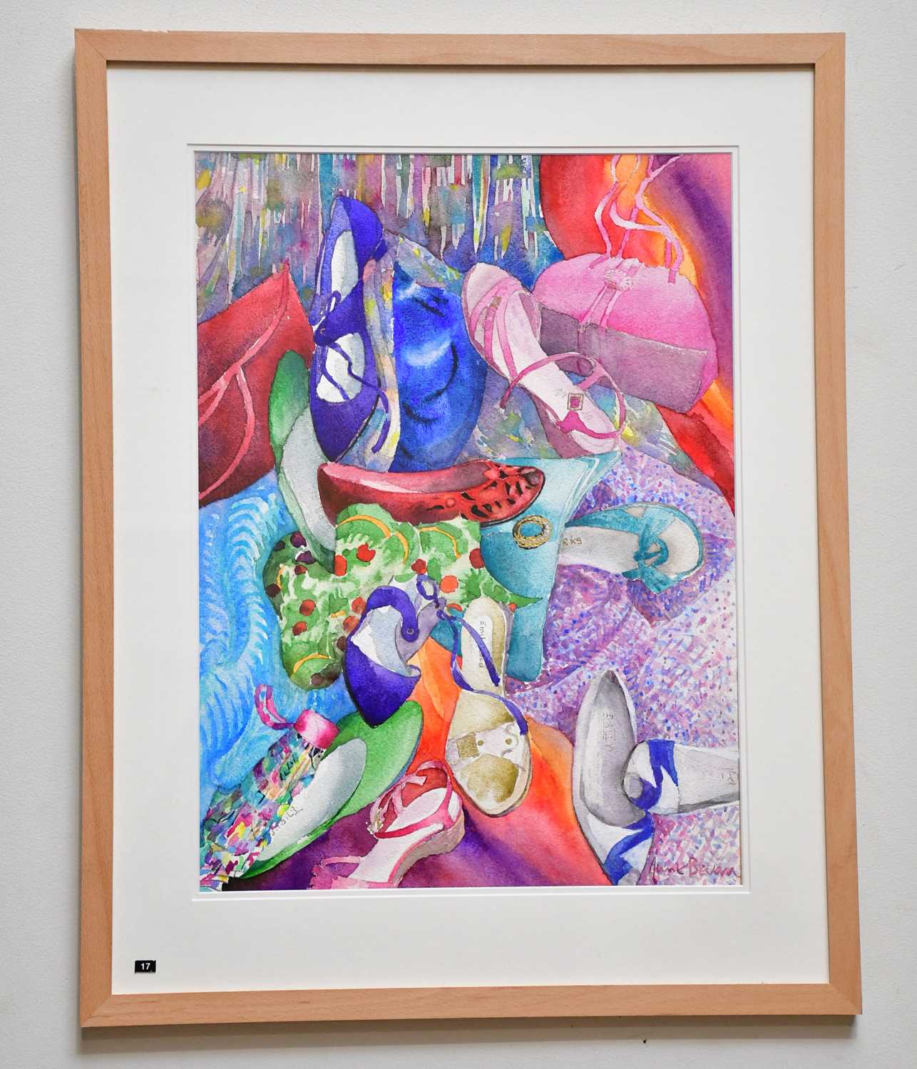 † JUNE BEVAN; watercolour, 'Shoes and Scarves', signed lower right, 53 x 38cm, framed and glazed.