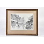 † JUNE BEVAN; ink drawing, 'Stockport Market', signed lower right, 26 x 35cm, framed and glazed.