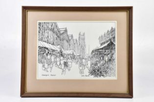 † JUNE BEVAN; ink drawing, 'Stockport Market', signed lower right, 26 x 35cm, framed and glazed.