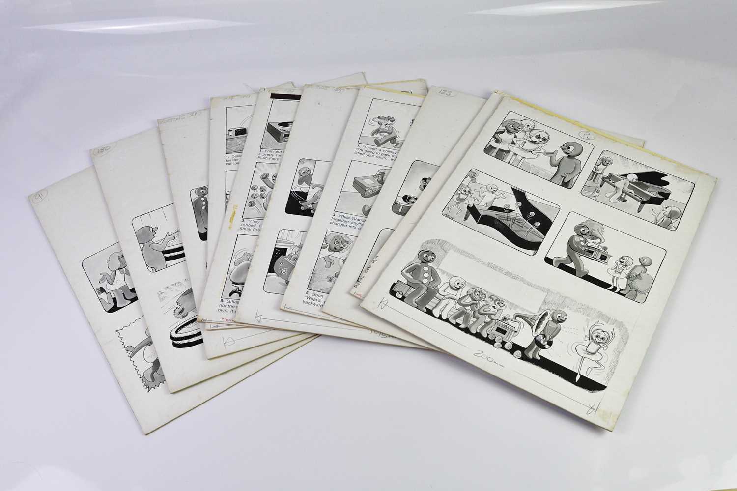 † BILL MEVIN; ten original black and white storyboard cartoons for Morph, produced for holiday