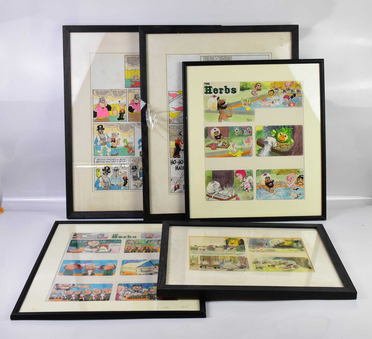 † BILL MEVIN; five framed and glazed original hand coloured storyboard cartoons comprising three for