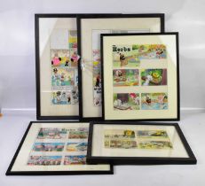 † BILL MEVIN; five framed and glazed original hand coloured storyboard cartoons comprising three for