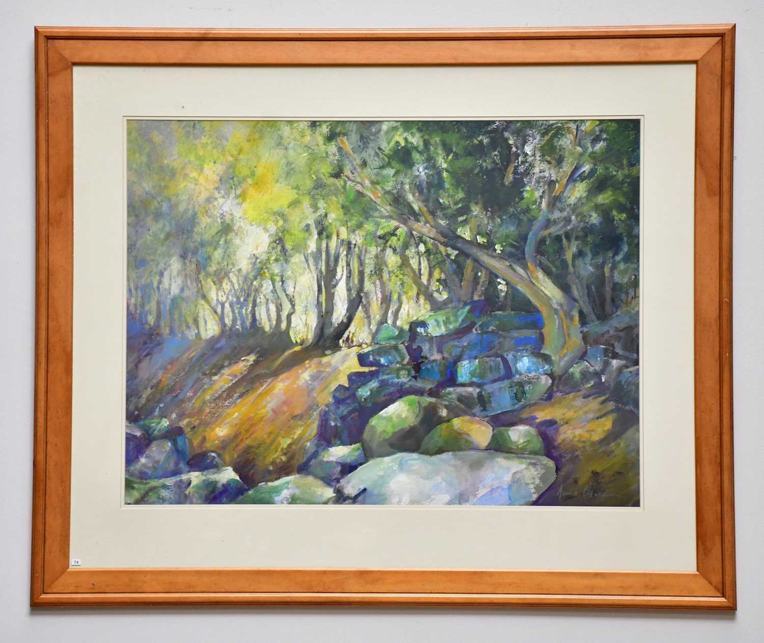 † JUNE BEVAN; acrylic, 'Rocks in Bramhall Park', signed lower right, 55 x 73cm, framed and glazed.