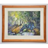 † JUNE BEVAN; acrylic, 'Rocks in Bramhall Park', signed lower right, 55 x 73cm, framed and glazed.