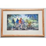 † JUNE BEVAN; watercolour, 'Cyclists in Bramhall Park', signed lower right, 24 x 48cm, framed and