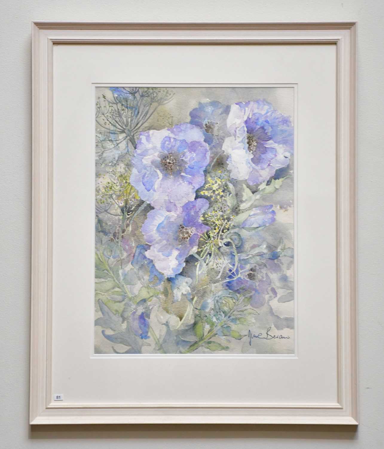 † JUNE BEVAN; watercolour, 'Light Blue Poppies', signed lower right, 40 x 29cm, framed and glazed.