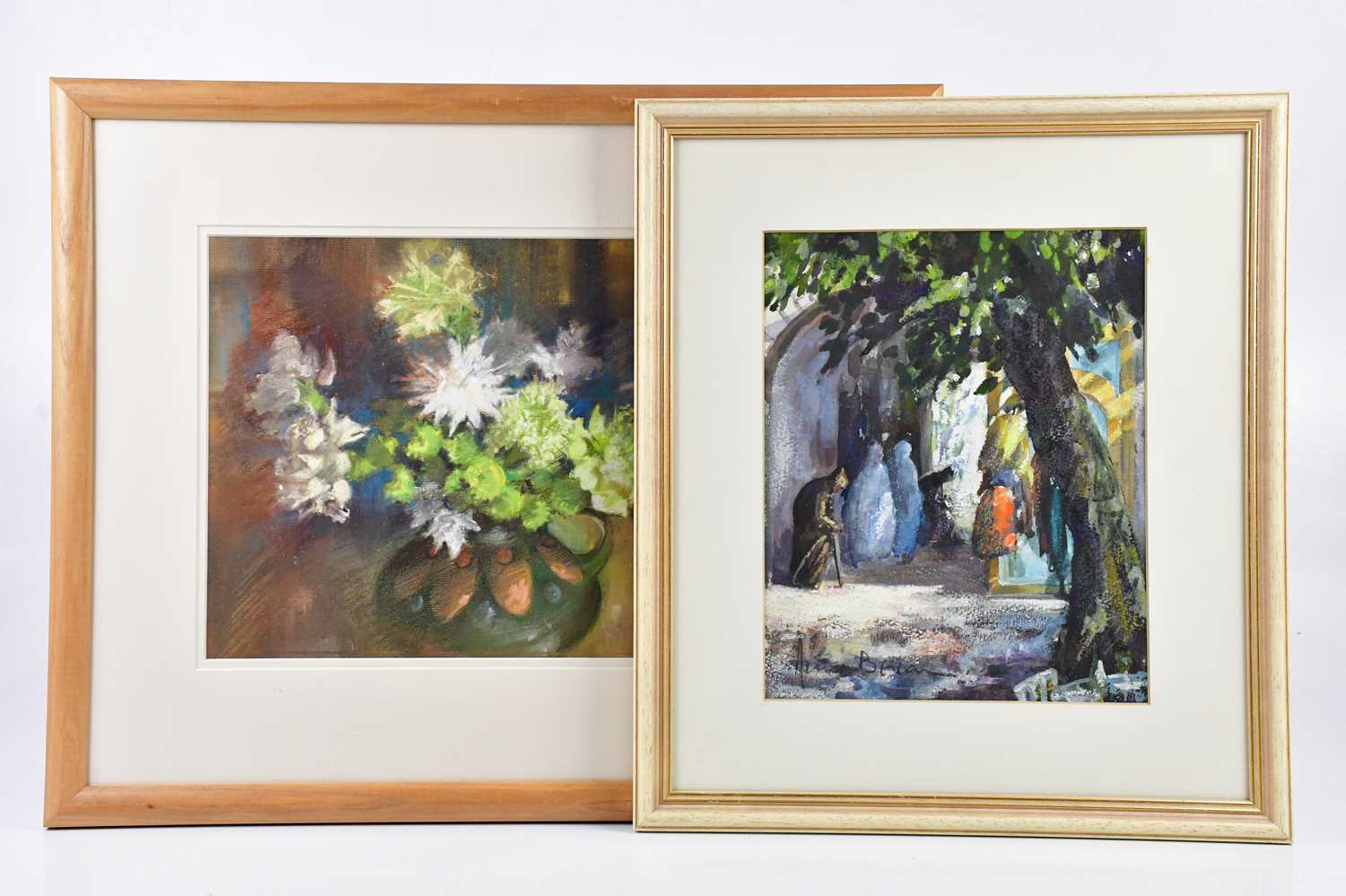 † JUNE BEVAN; two pastels, 'Ralph's Flowers' and 'Leaving the Small Square', both signed, largest 23