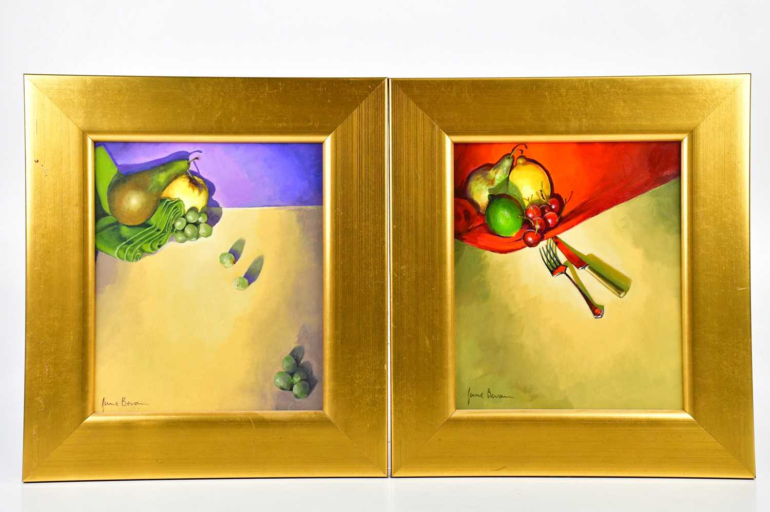 † JUNE BEVAN; a pair of oils on board, 'Fruit with Knife and Fork' and 'Pear and Apple, Grapes