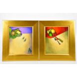 † JUNE BEVAN; a pair of oils on board, 'Fruit with Knife and Fork' and 'Pear and Apple, Grapes