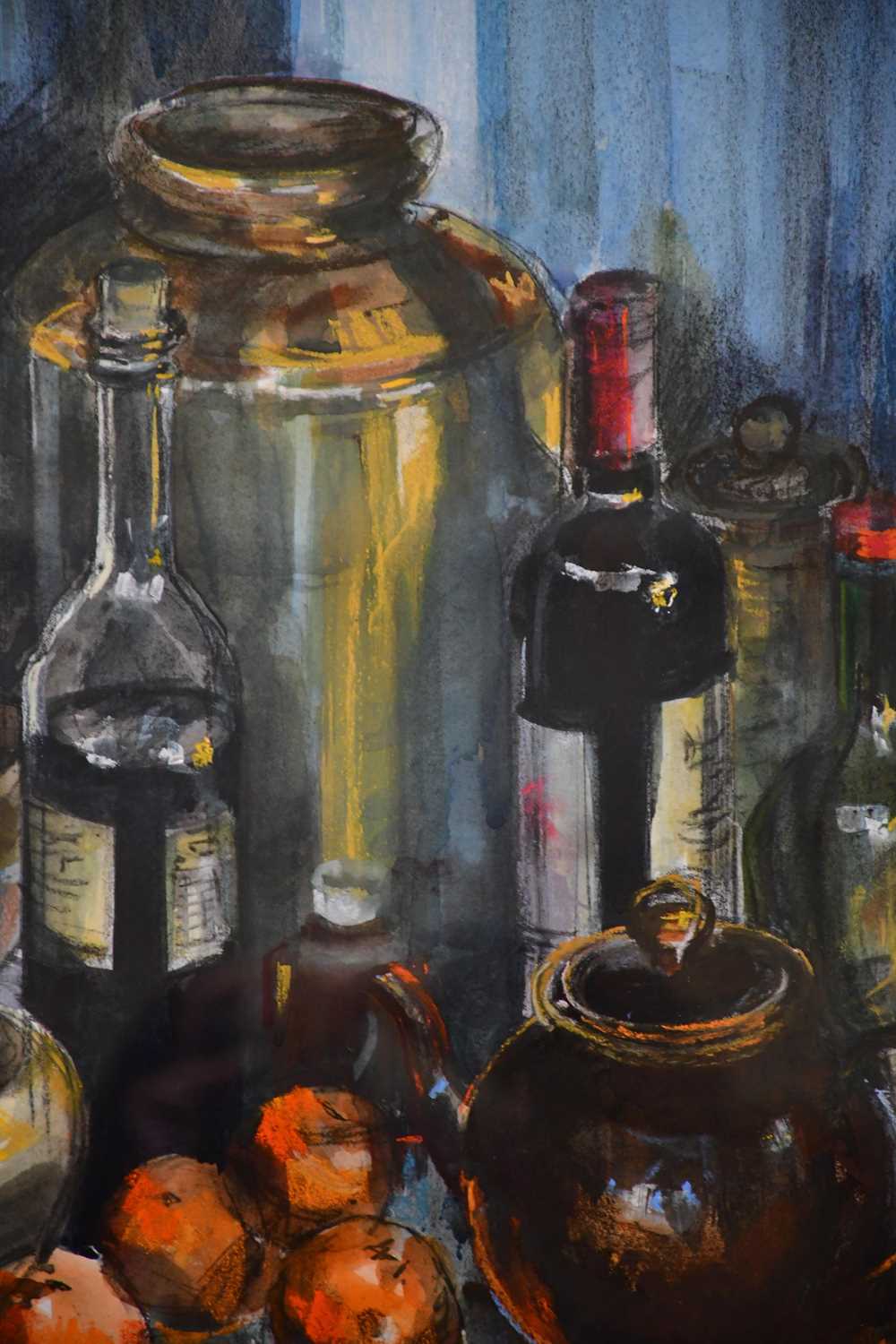 † JUNE BEVAN; watercolour, 'Brown Teapot and Wine Bottles', signed lower left, 52 x 40cm, framed and - Image 2 of 2