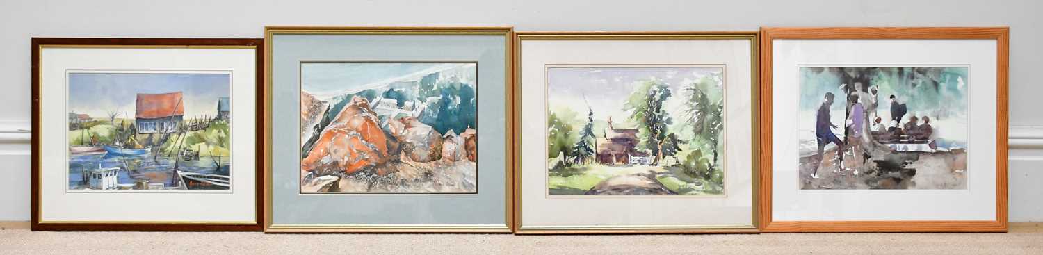 † JUNE BEVAN; a group of four watercolours, 'Intrigued III', 'The Gamekeeper's Cottage', 'Rooks