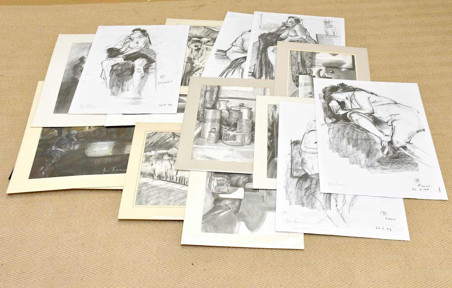 † JUNE BEVAN; a large collection of charcoal and pencil drawings, mainly of still life studies.