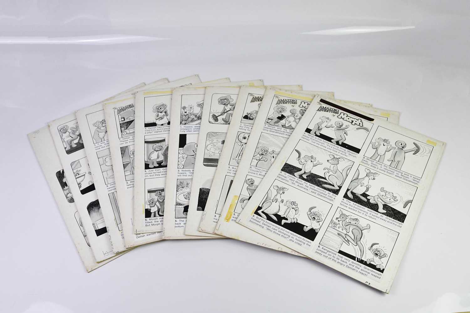 † BILL MEVIN; ten original black and white storyboard cartoons for Morph, produced for holiday