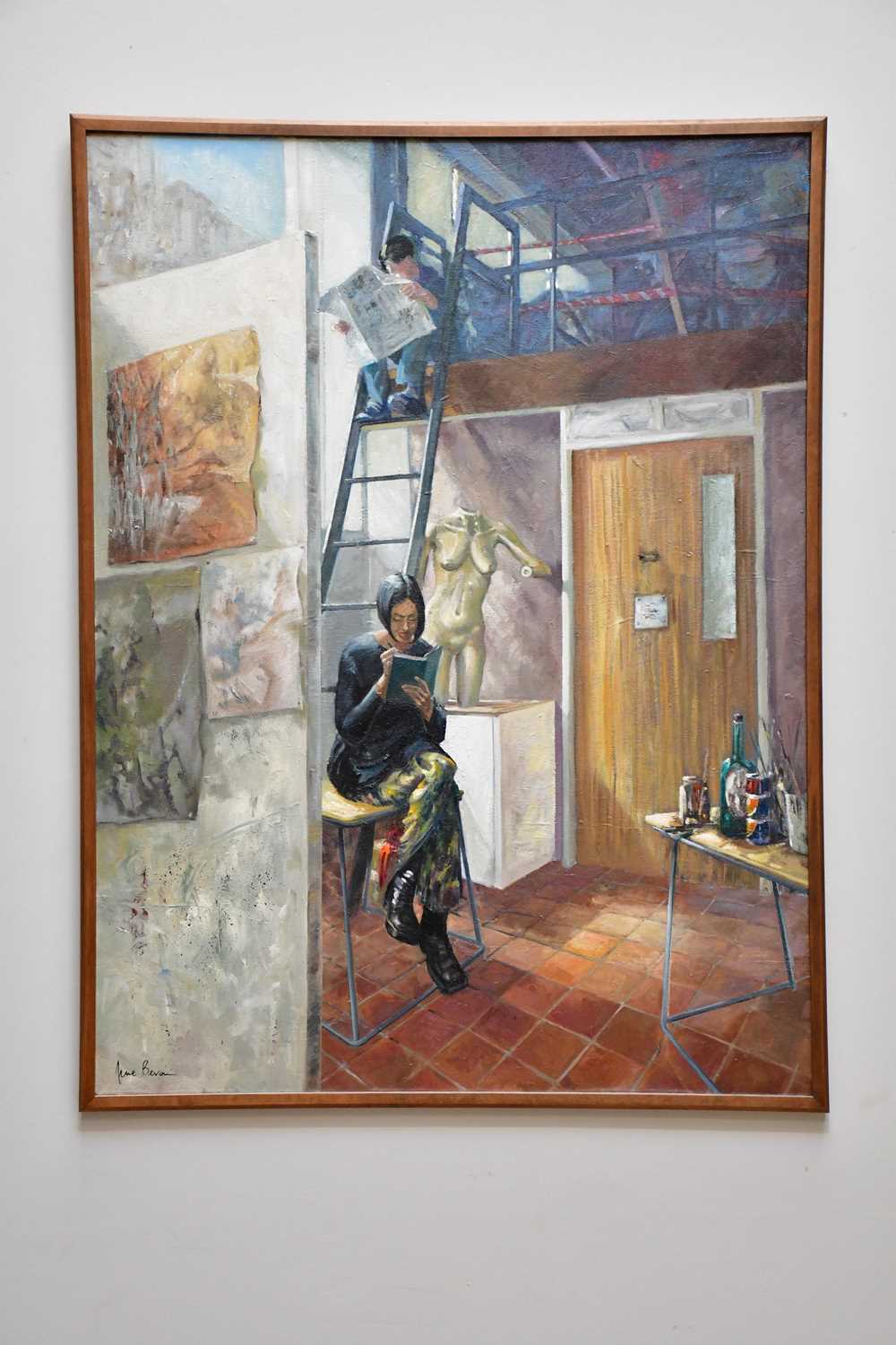 † JUNE BEVAN; oil on canvas, 'Art Student's Lunch Break', signed lower left, 122 x 90cm, framed.