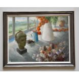 † JUNE BEVAN; oil on board, 'Head with Chinese Lanterns', signed lower left, 44 x 58cm, framed.