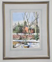 † JUNE BEVAN; watercolour, 'View from the Conservatory Window', signed lower right, 37 x 27cm,