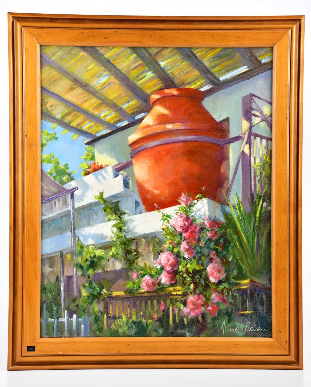 † JUNE BEVAN; oil on canvas, 'Grecian Urn', signed lower right, 50 x 40cm, framed.