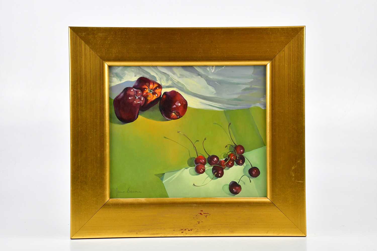 † JUNE BEVAN; two oils on board, 'Royal Gala on Red' and 'Washington Reds with Cherries', both - Image 3 of 3