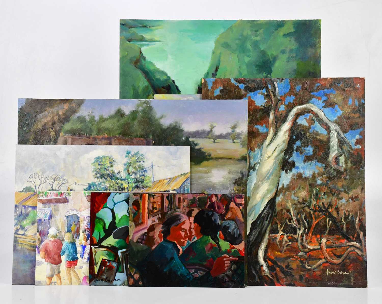 † A collection of nine oils on board including 'Summer Shopping in Lyme', 'Sparkling Sea', 'The