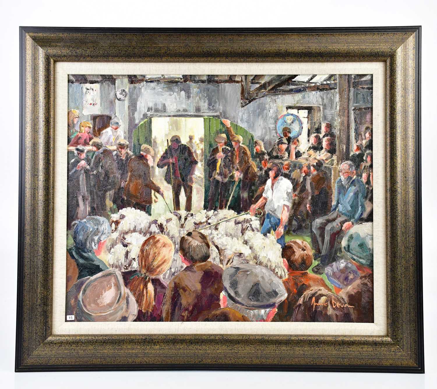 † JUNE BEVAN; oil on board, 'Sheep Auction', signed lower right, 44 x 54cm, framed.