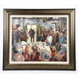 † JUNE BEVAN; oil on board, 'Sheep Auction', signed lower right, 44 x 54cm, framed.