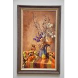 † JUNE BEVAN; oil on canvas, 'Autumn Still Life with Wine and Fruit', signed lower left, 70 x
