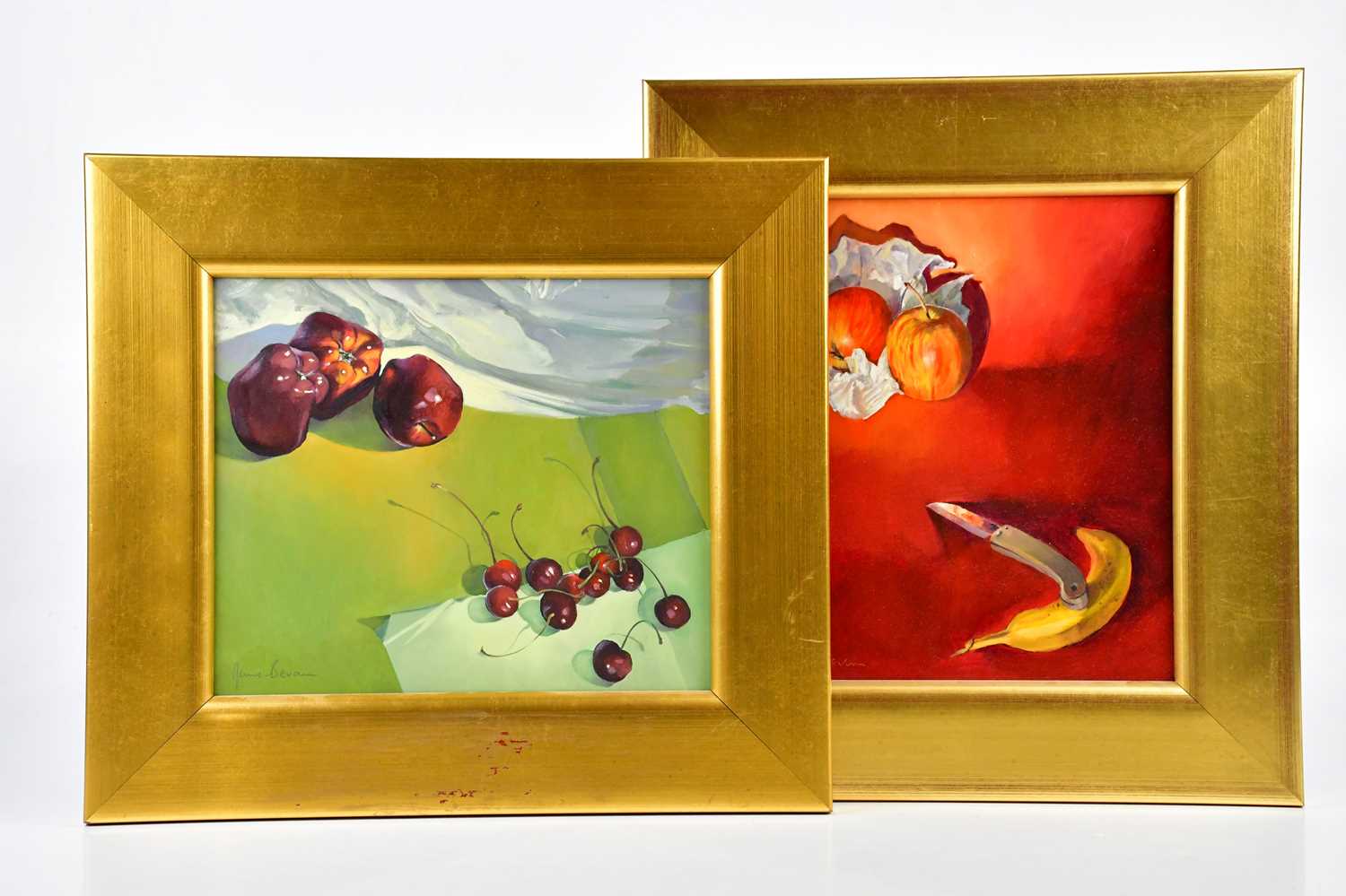 † JUNE BEVAN; two oils on board, 'Royal Gala on Red' and 'Washington Reds with Cherries', both