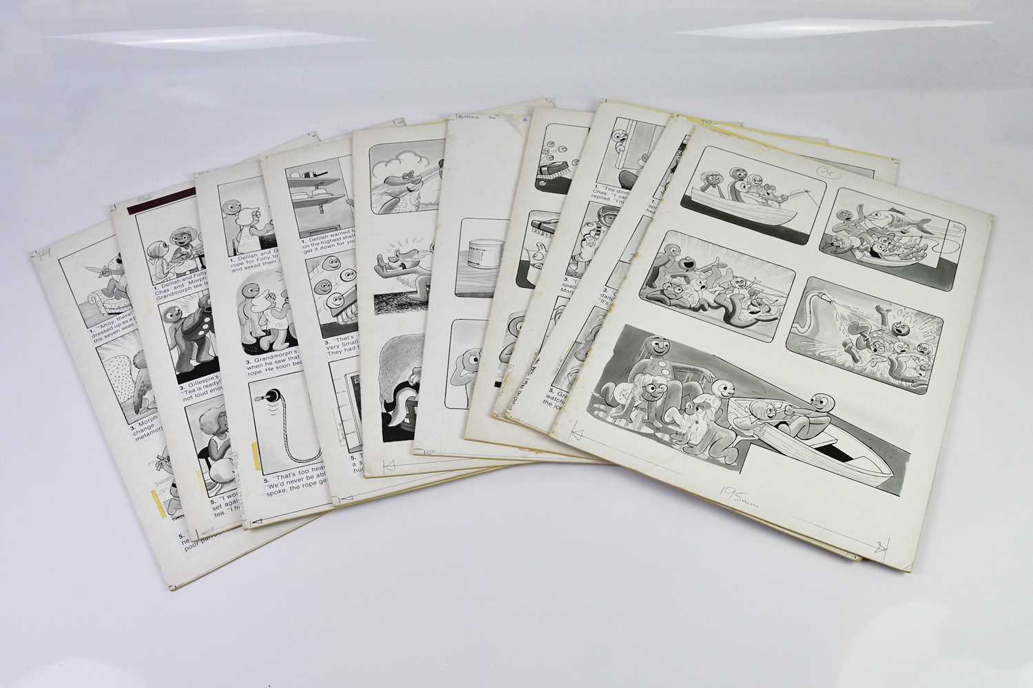 † BILL MEVIN; ten original black and white storyboard cartoons for Morph, produced for holiday