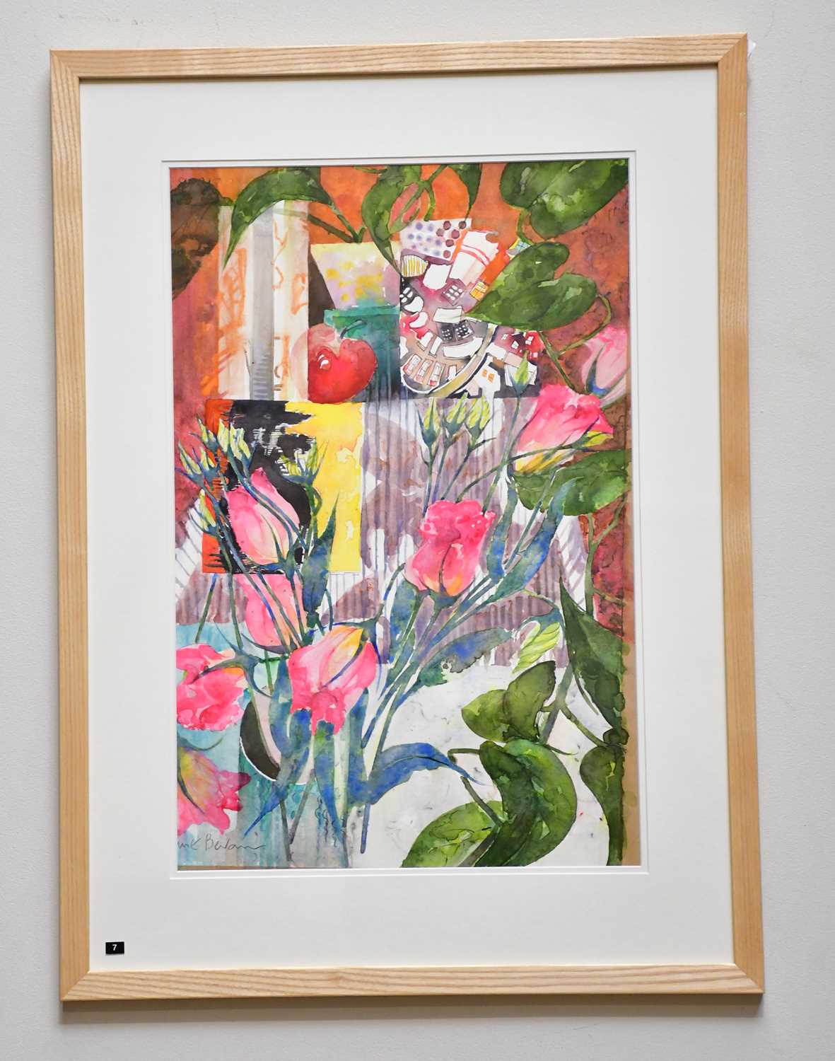 † JUNE BEVAN; watercolour, 'Pink Lisianthus, Apple and Card', signed lower left, 53 x 34cm, framed