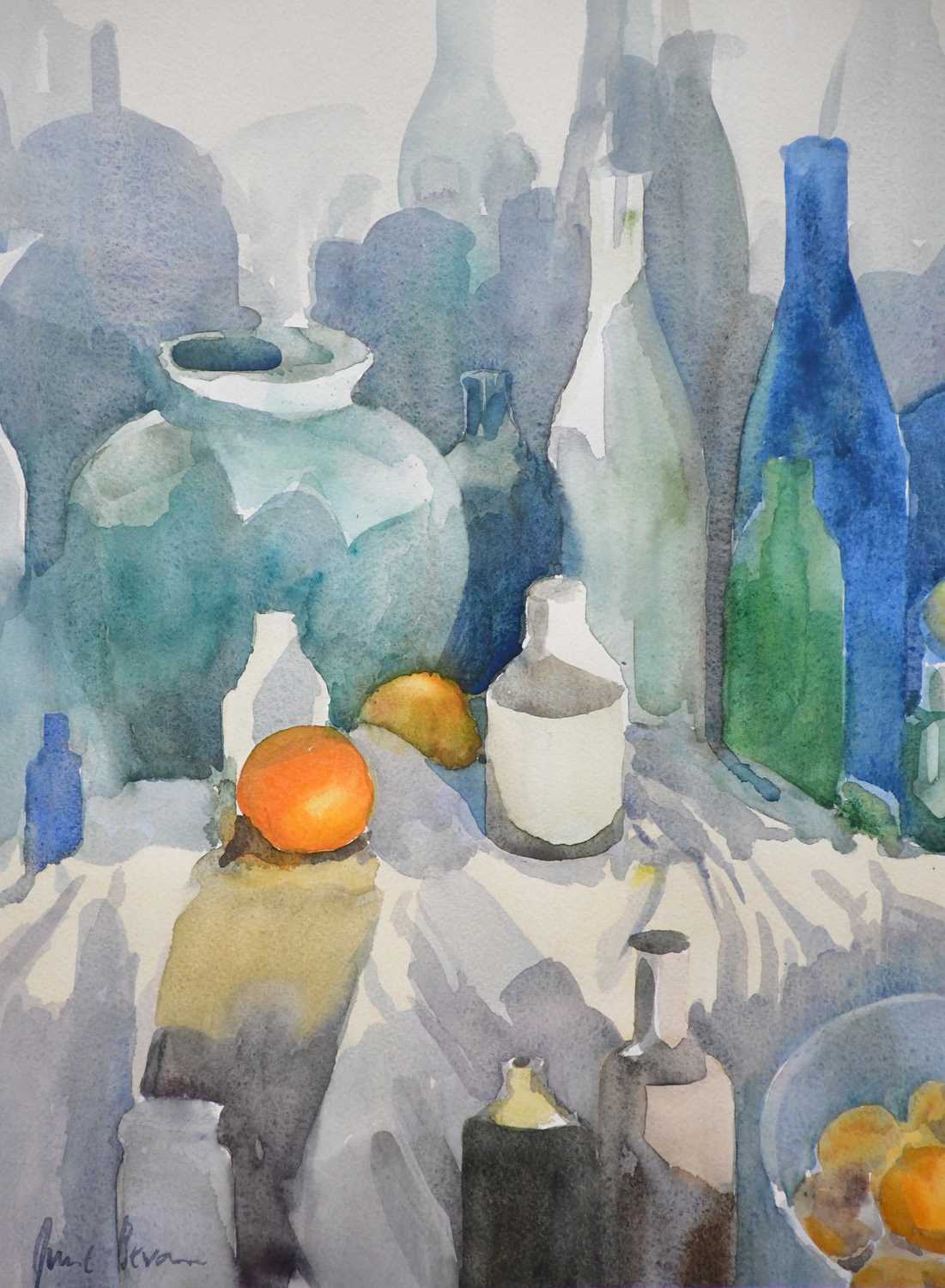 † JUNE BEVAN; watercolour, 'Two Bottles with Orange', signed lower left, 47 x 37cm, framed and - Bild 2 aus 2